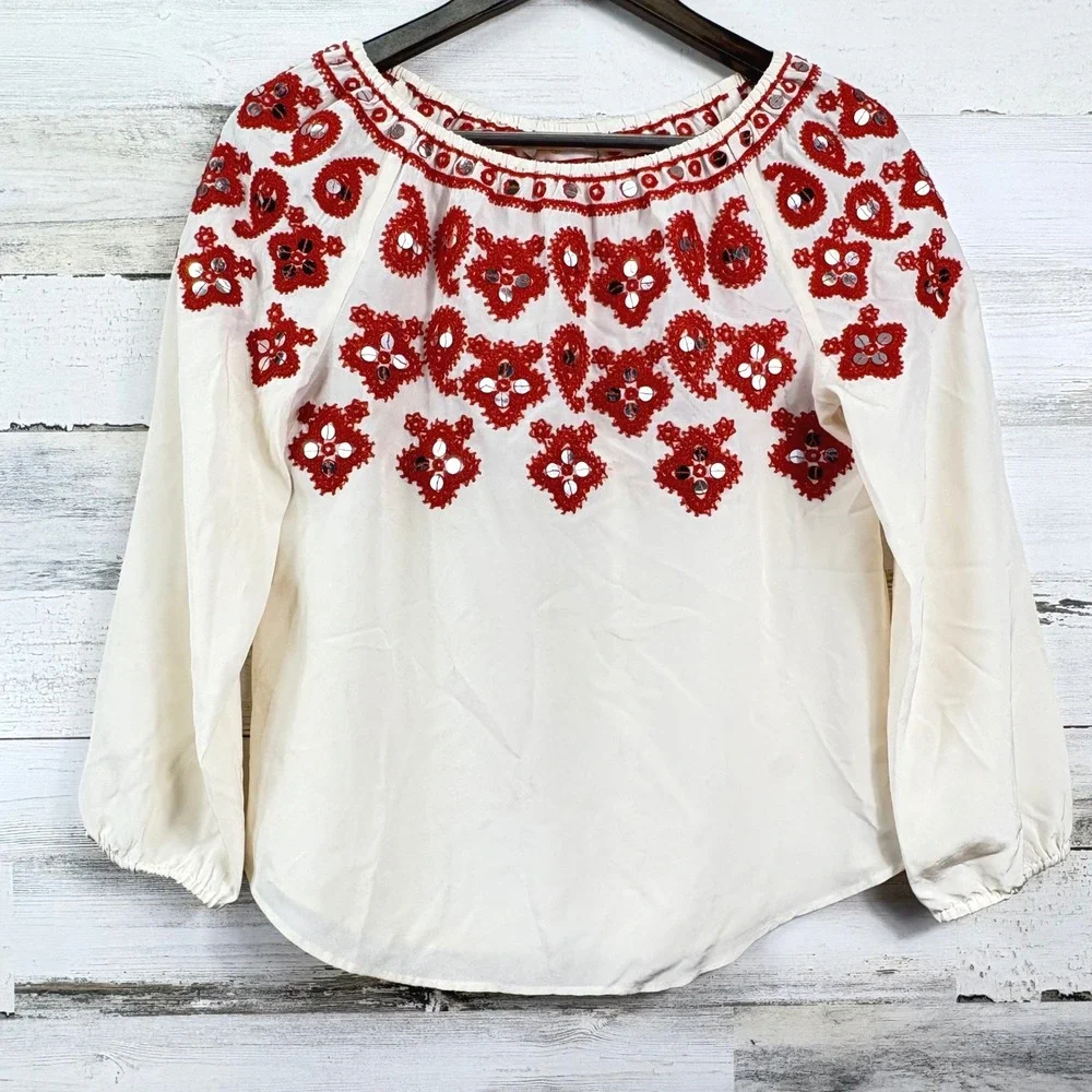 Tory Burch Leyla Blouse 0 Ivory Red Silk Embroidered Mirror Peasant Boho ***READ
